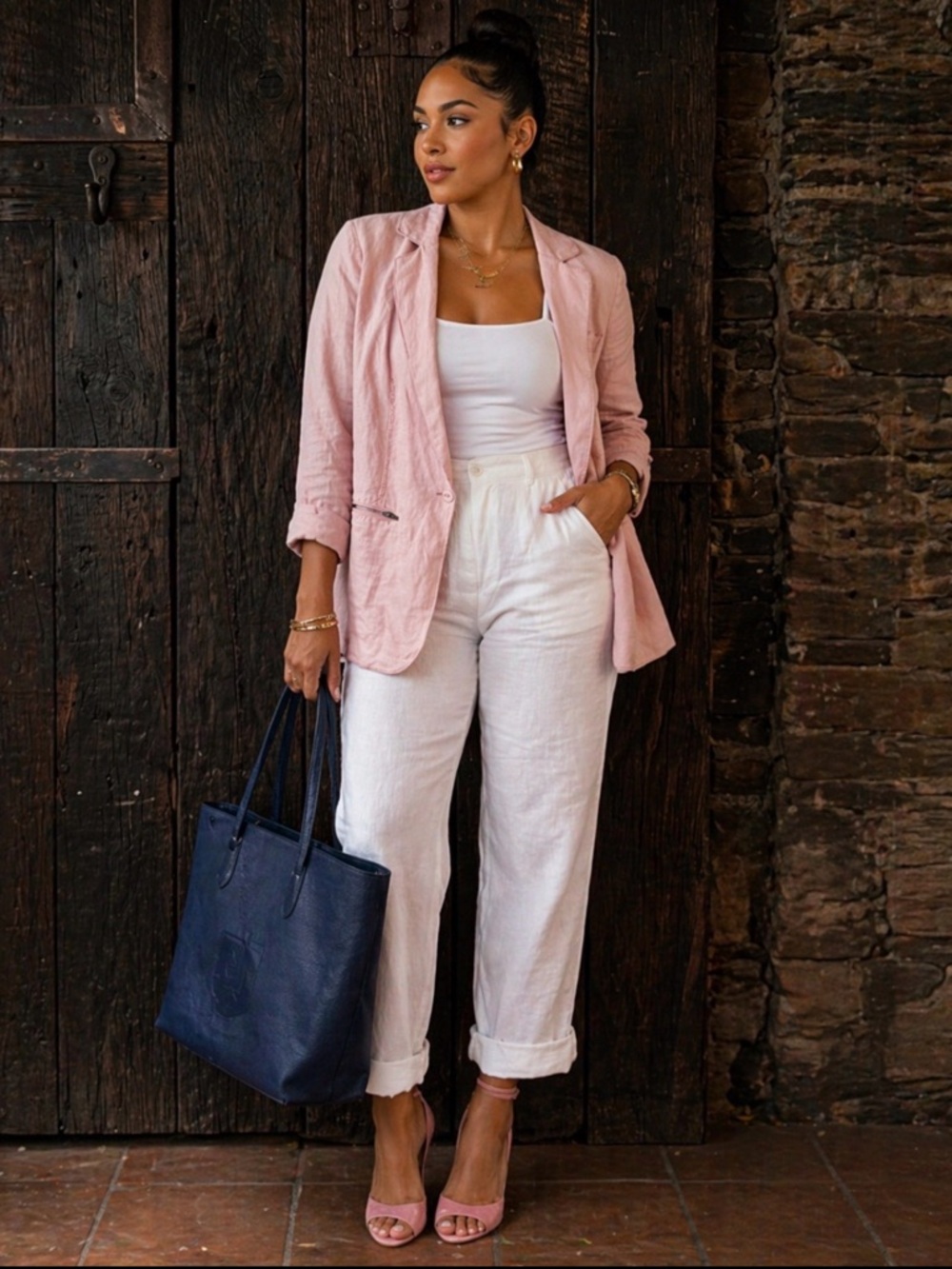 Michael Stars Pale Pink Linen-Blend Single-Button Blazer